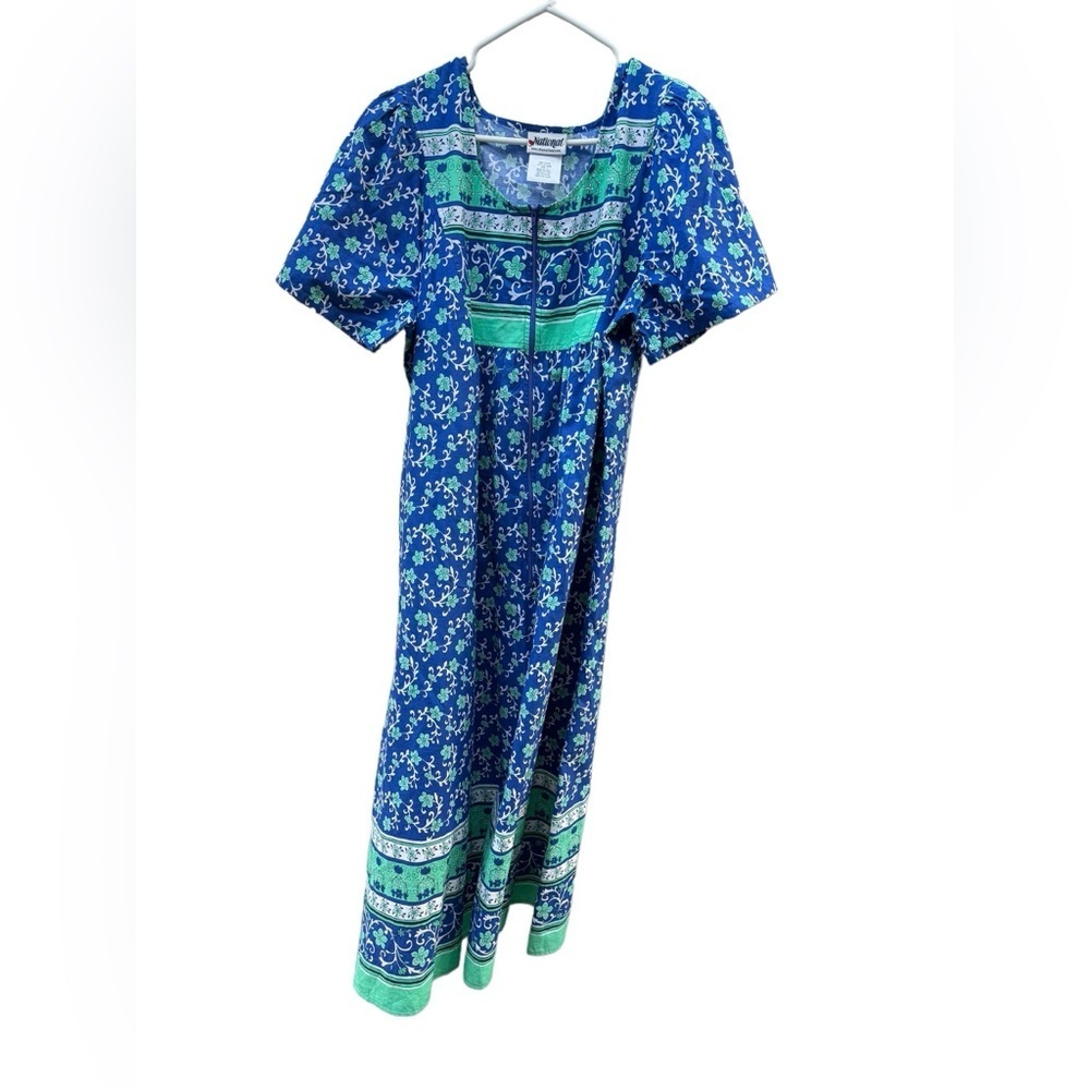 Vintage NATIONAL Blue Green Floral Zip House Patio Robe Dress Sz Large